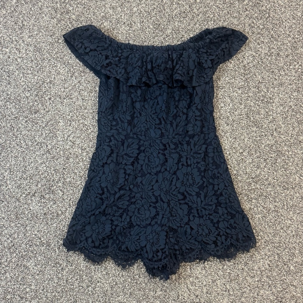 Altar'd State Navy Lace-Trim Off-Shoulder Romper - Picture 3 of 7
